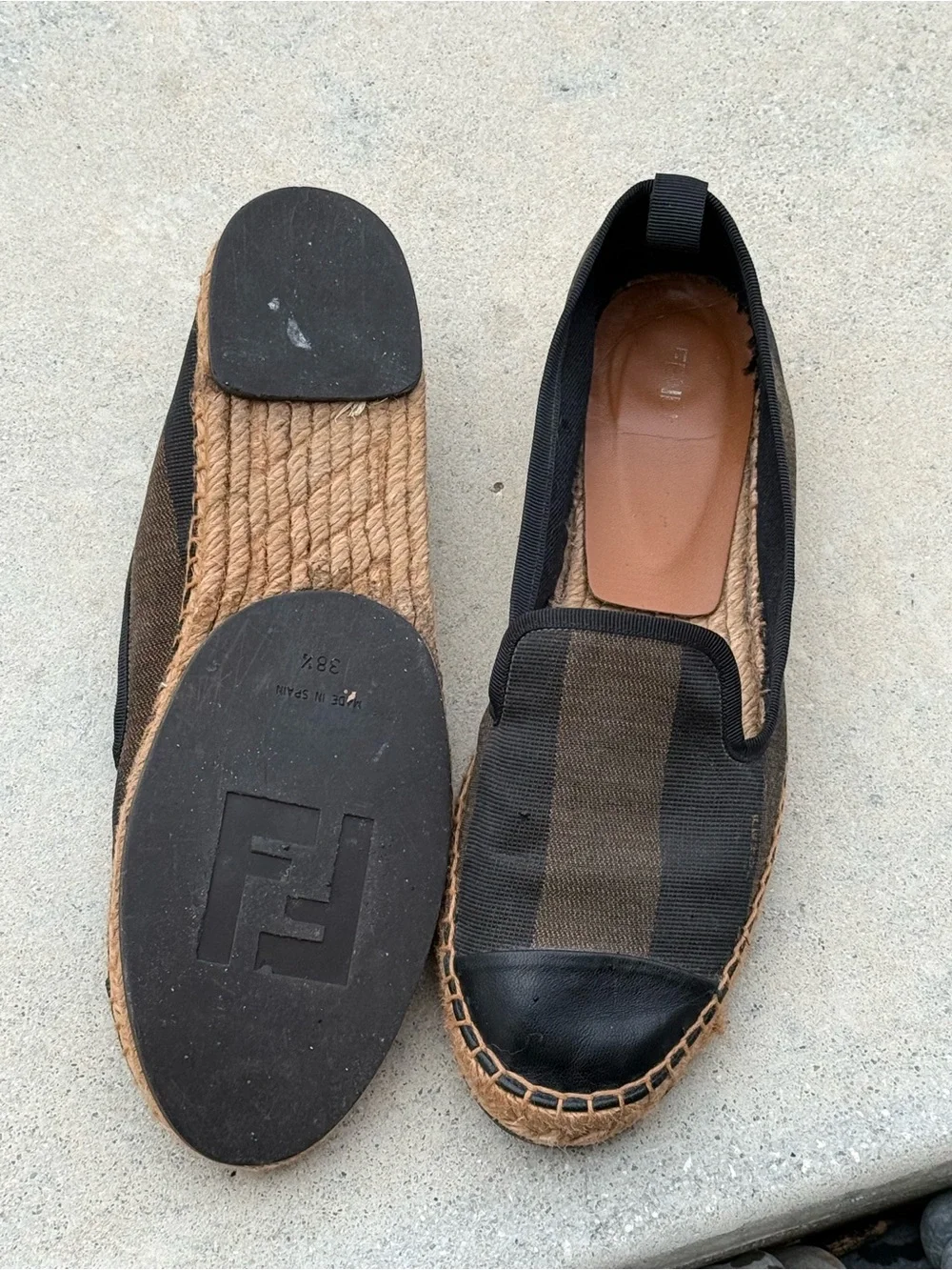 Fendi Women's Espadrilles in Black and Brown Striped Canvas